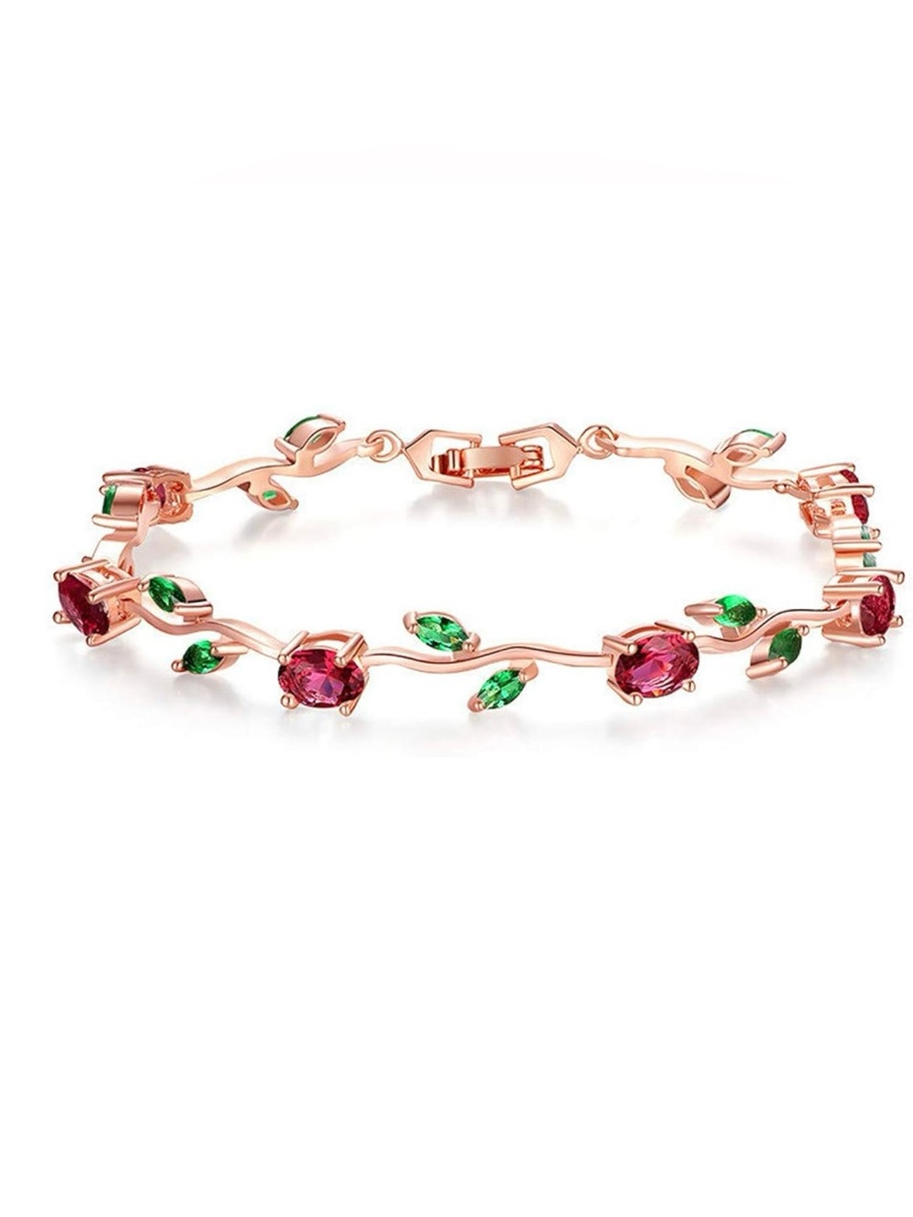 Rose Gold Floral Pink & Green Crystal Bracelet 7.5 in